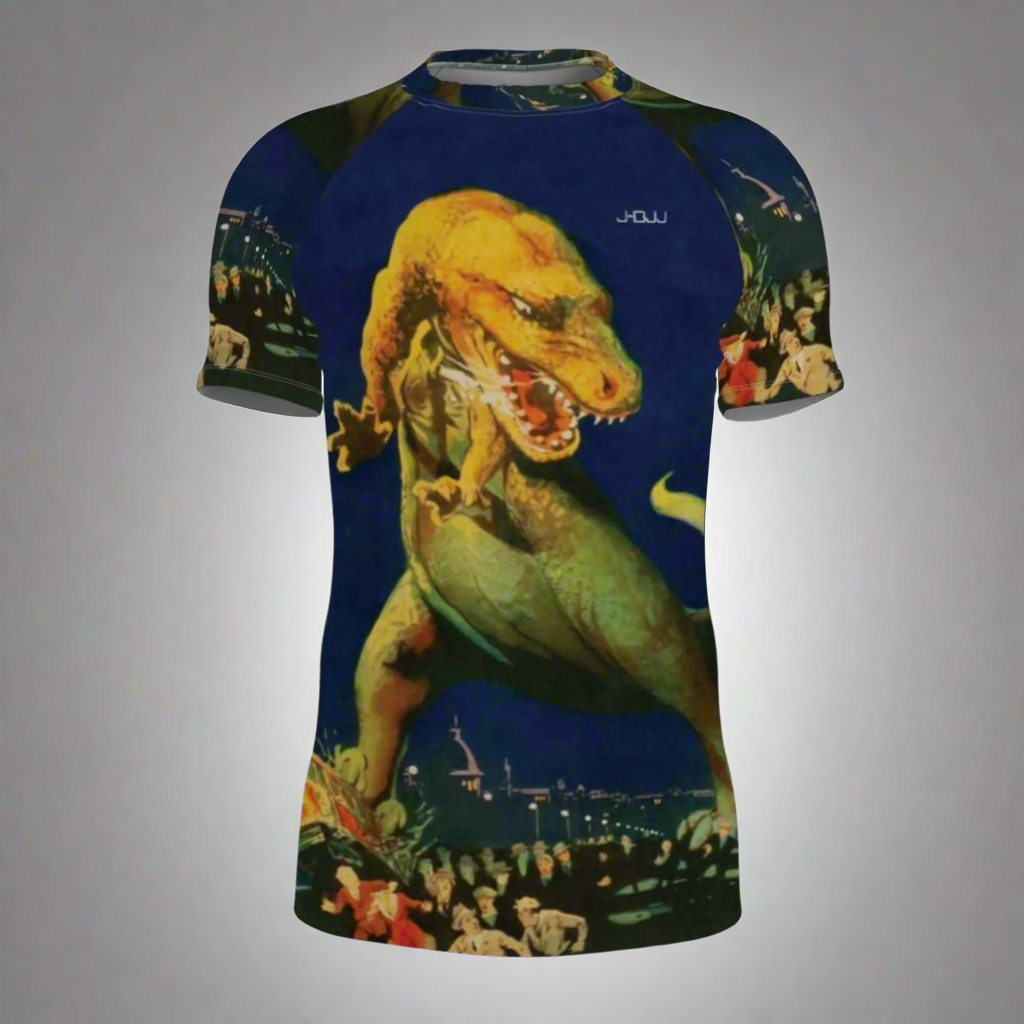 BJJ Rash Guard with dinosaur design on a blue background