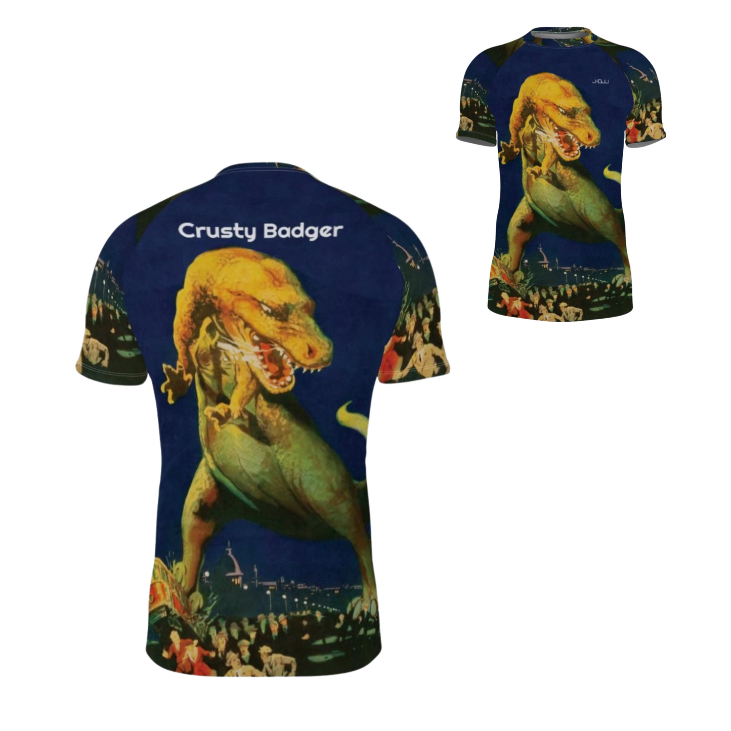 Rash guards for Jiu Jitsu with dinosaur design and 'Crusty Badger' branding on a white background