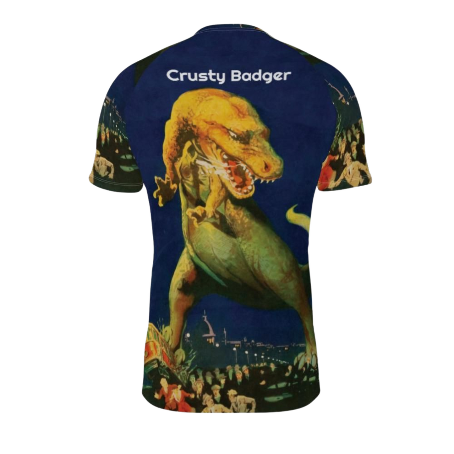 T-Rex BJJ rash guard with a dinosaur graphic and 'Crusty Badger' text on a blue background