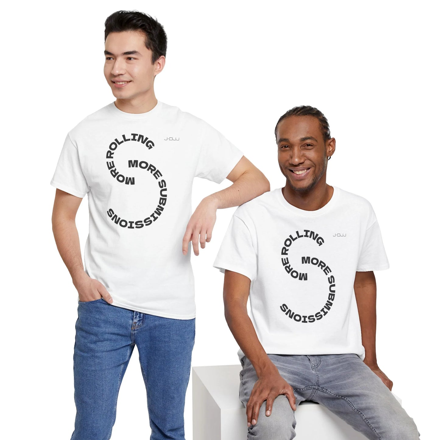 Two men wearing white more rolling BJJ t-shirts with black text, standing against a white background.