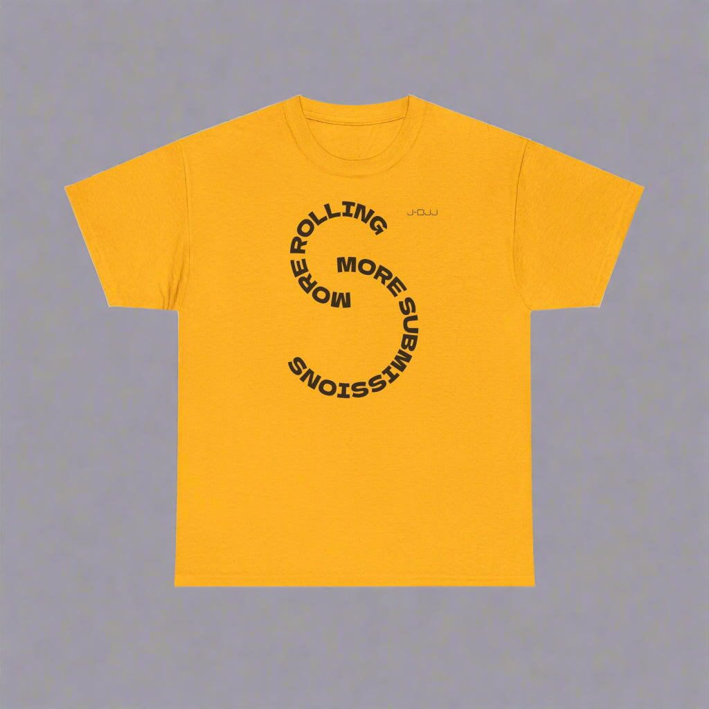 Yellow t-shirt with black text design on a white background