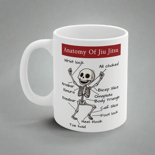 Jiu Jitsu mug with skeleton illustration and text on 'Anatomy of Jiu Jitsu' design
