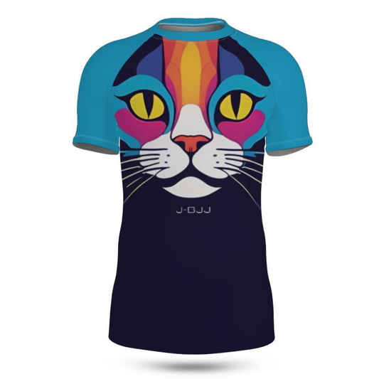 Jiu Jitsu rash guard with a colorful cat design on a white background