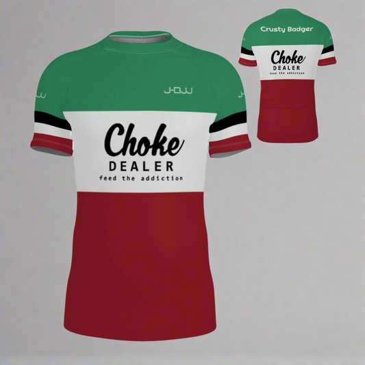 Green and red Jiu Jitsu rash guard with 'Choke Dealer' text on a white background