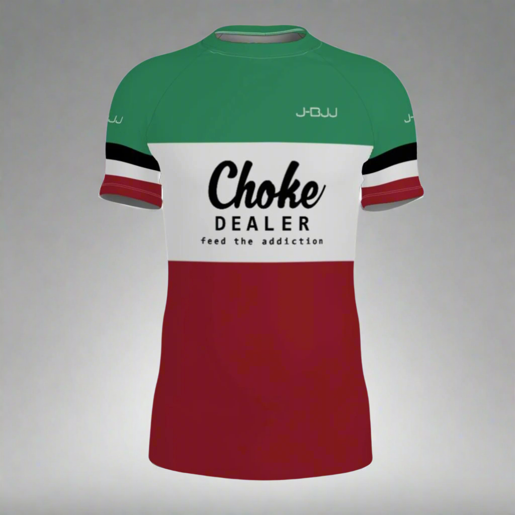 Green and red BJJ Rash Guard  with 'Choke Dealer' text on a white background