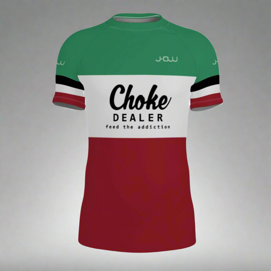 Green and red BJJ Rash Guard  with 'Choke Dealer' text on a white background