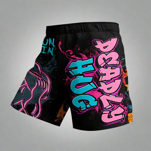 Black shorts with colorful graphics and text on a white background