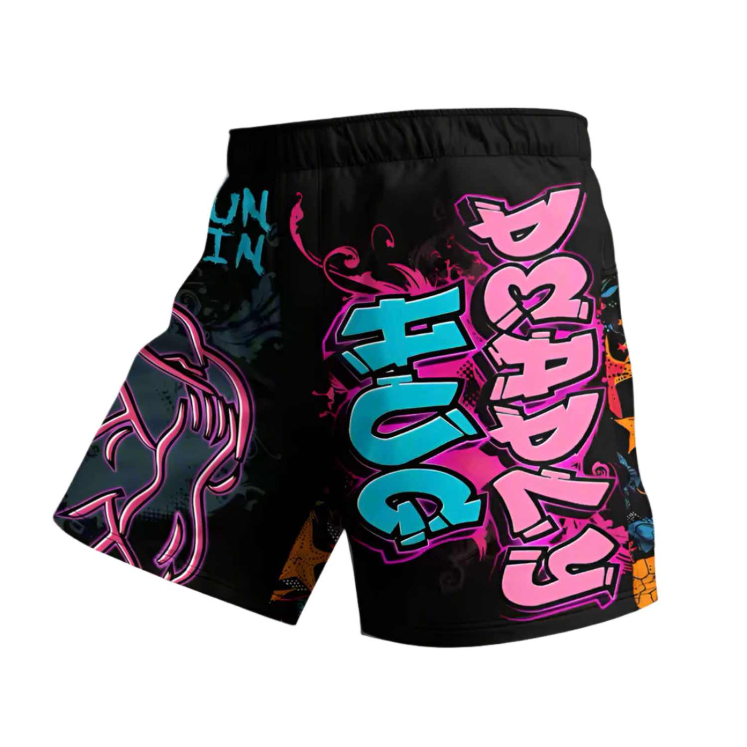 Black BJJ shorts with colorful graphics and text on a white background
