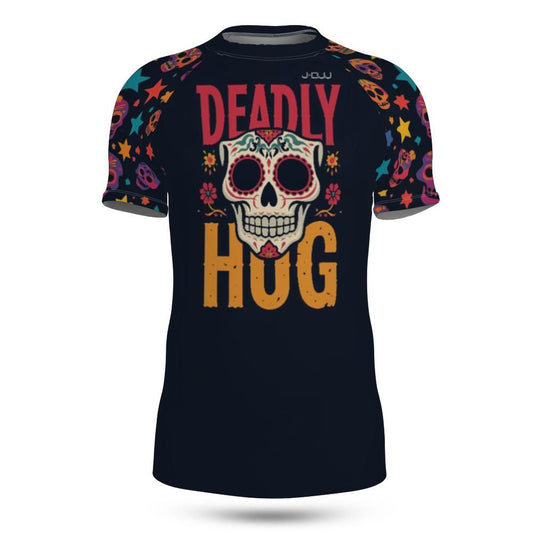 Blue rash guard with colorful skull design and 'Deadly Hug' text on a white background