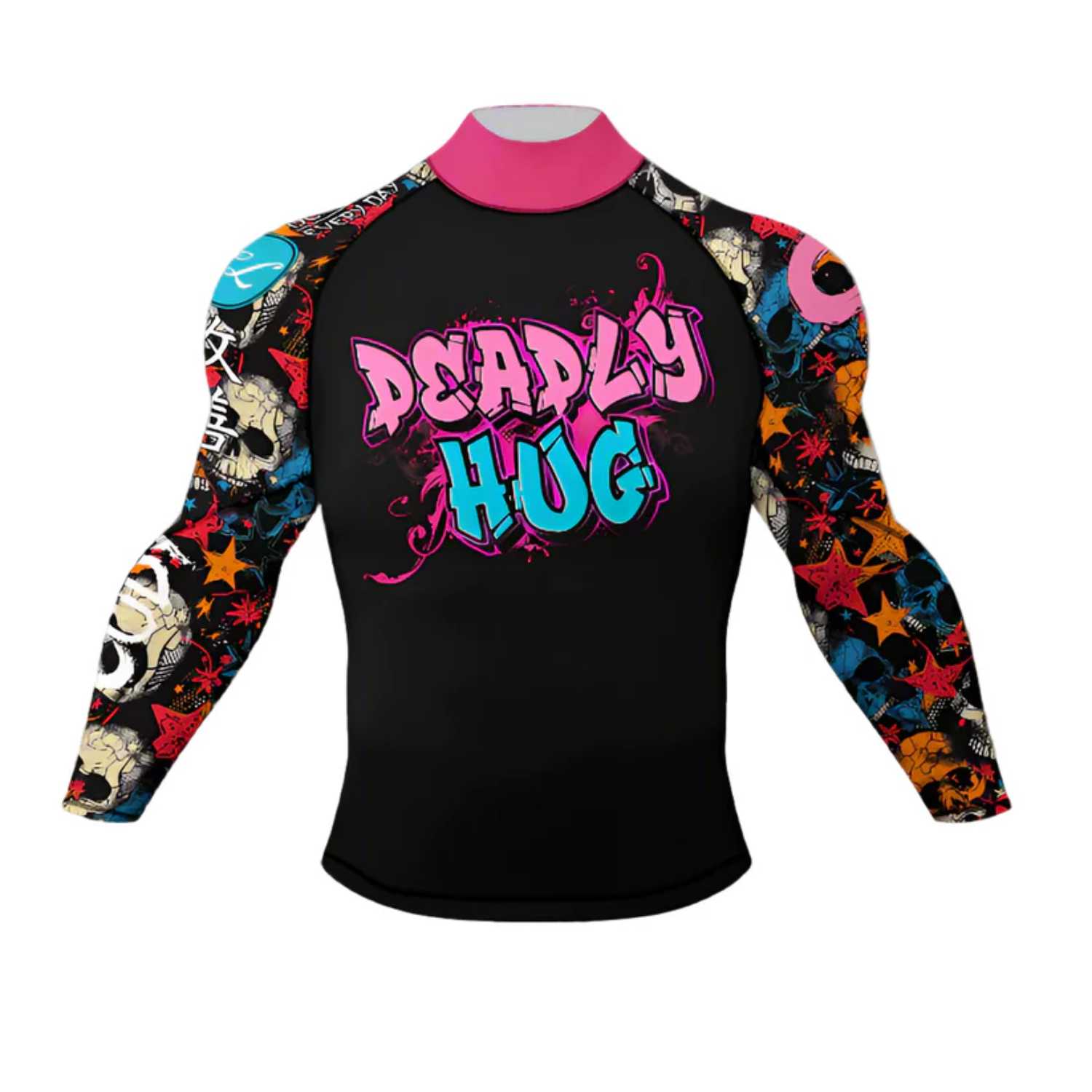 Black rash guard with colorful sleeves and 'Deadly Hug' text on a white background