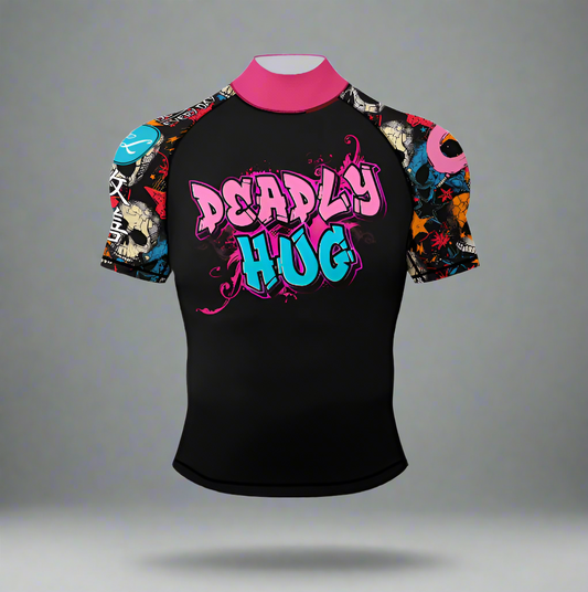 Black jiu jitsu rash guard with colorful sleeves and 'Deadly Hug' text on a white background