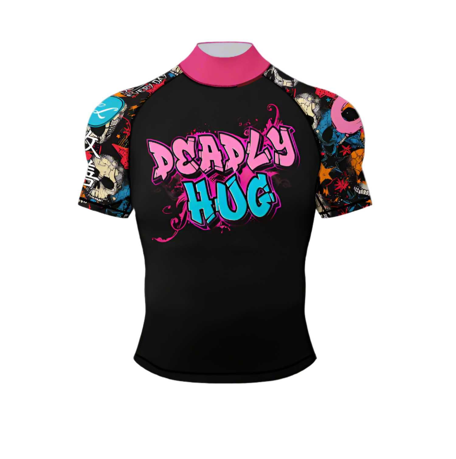 Black BJJ rash guard with colorful sleeves and 'Deadly Hug' text. White background