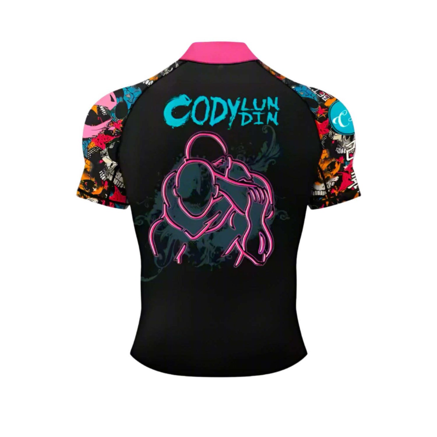 Black BJJ rash guard with colorful sleeves and 'Cody Lun Din' branding. White background