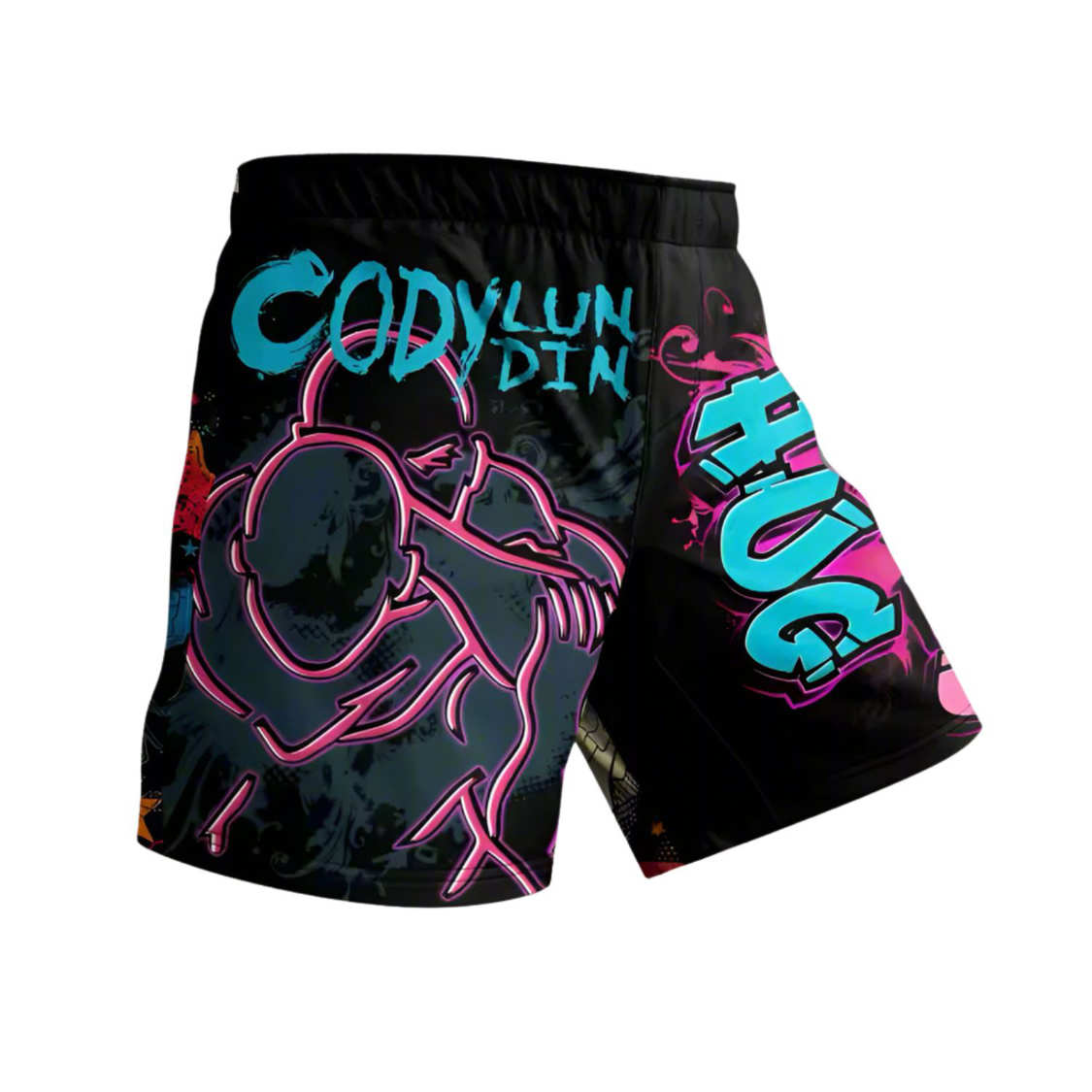Black BJJ shorts with colorful graphics and text on a white background