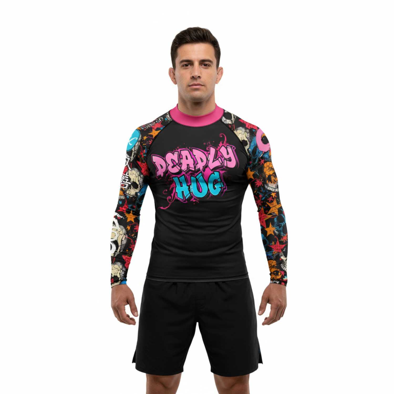 Person wearing a black BJJ Rash Guard. Colorful sleeves and 'Deadly Hug' text. White background.