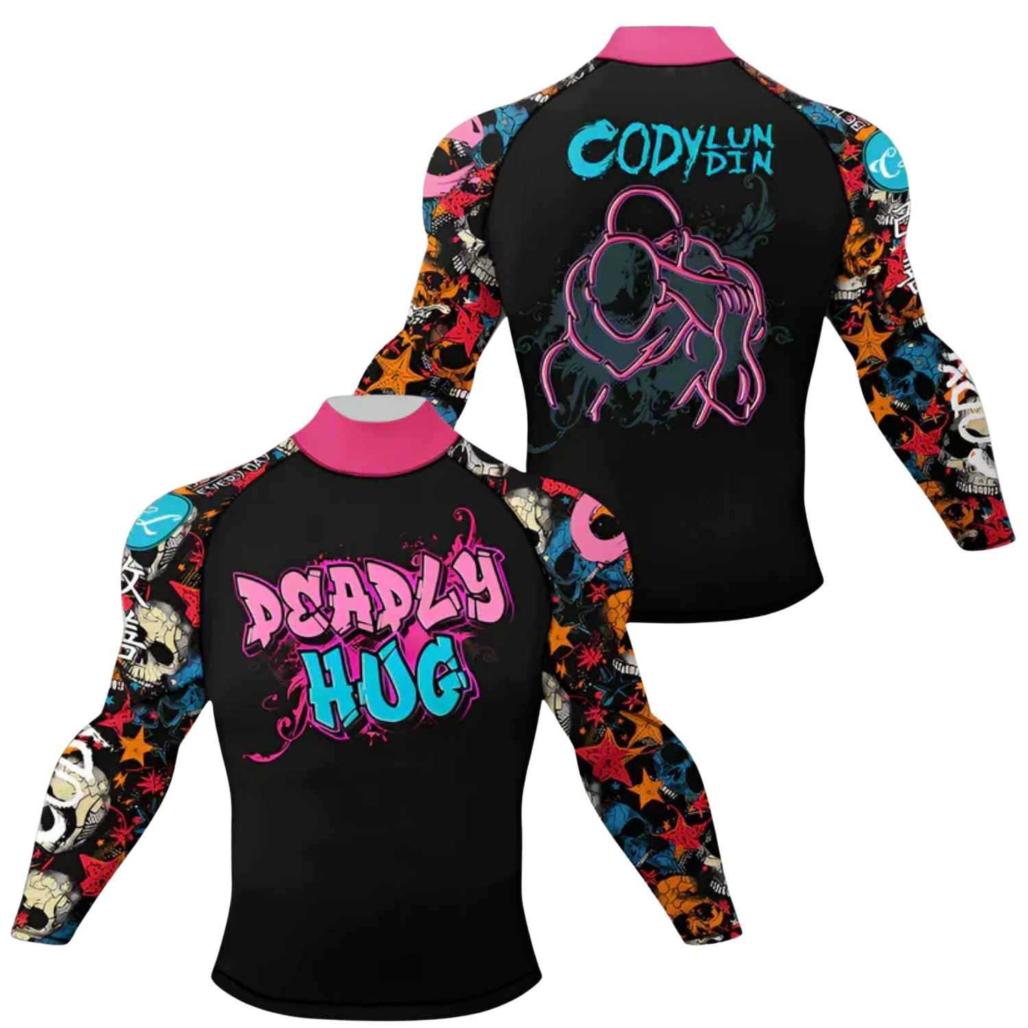 Colorful long-sleeve deadly hugs rash guards front and rear. White background.