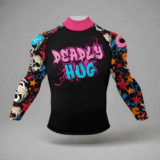 Black long-sleeve rash guard with colorful patterns and 'Deadly Hug' text on a white background