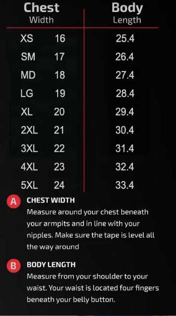 Measurement chart for chest width and body length with size labels on a black background.