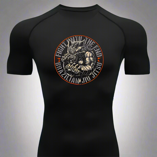 Black bjj rash guard  with a graphic design on a white background