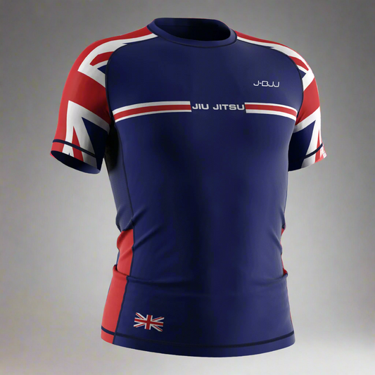 Union Jack Blue Jiu Jitsu rash guard with red and white accents on a white background