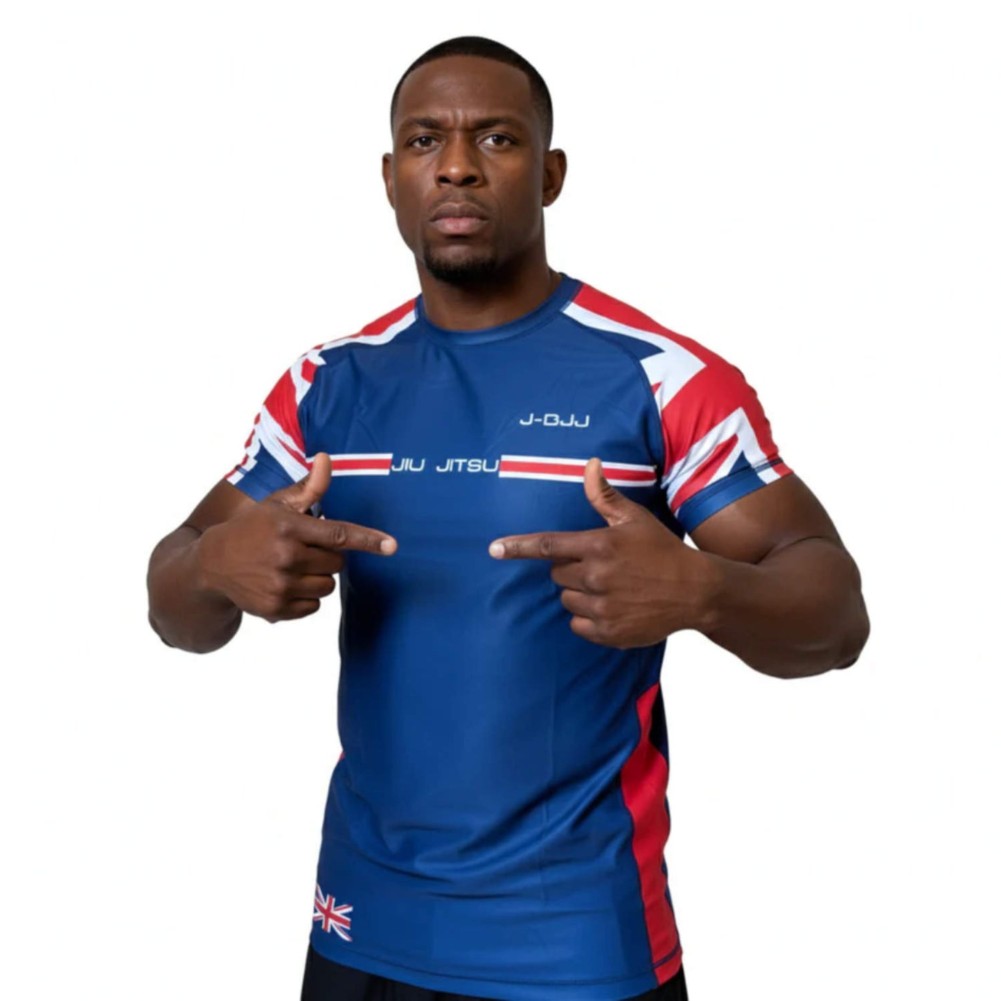 Man wearing a blue and red BJJ rash guard with visible branding on a white background