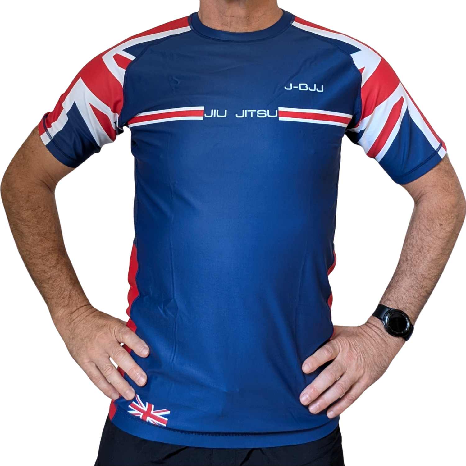 Blue Jiu Jitsu rash guard with red and white accents on a person against a white background