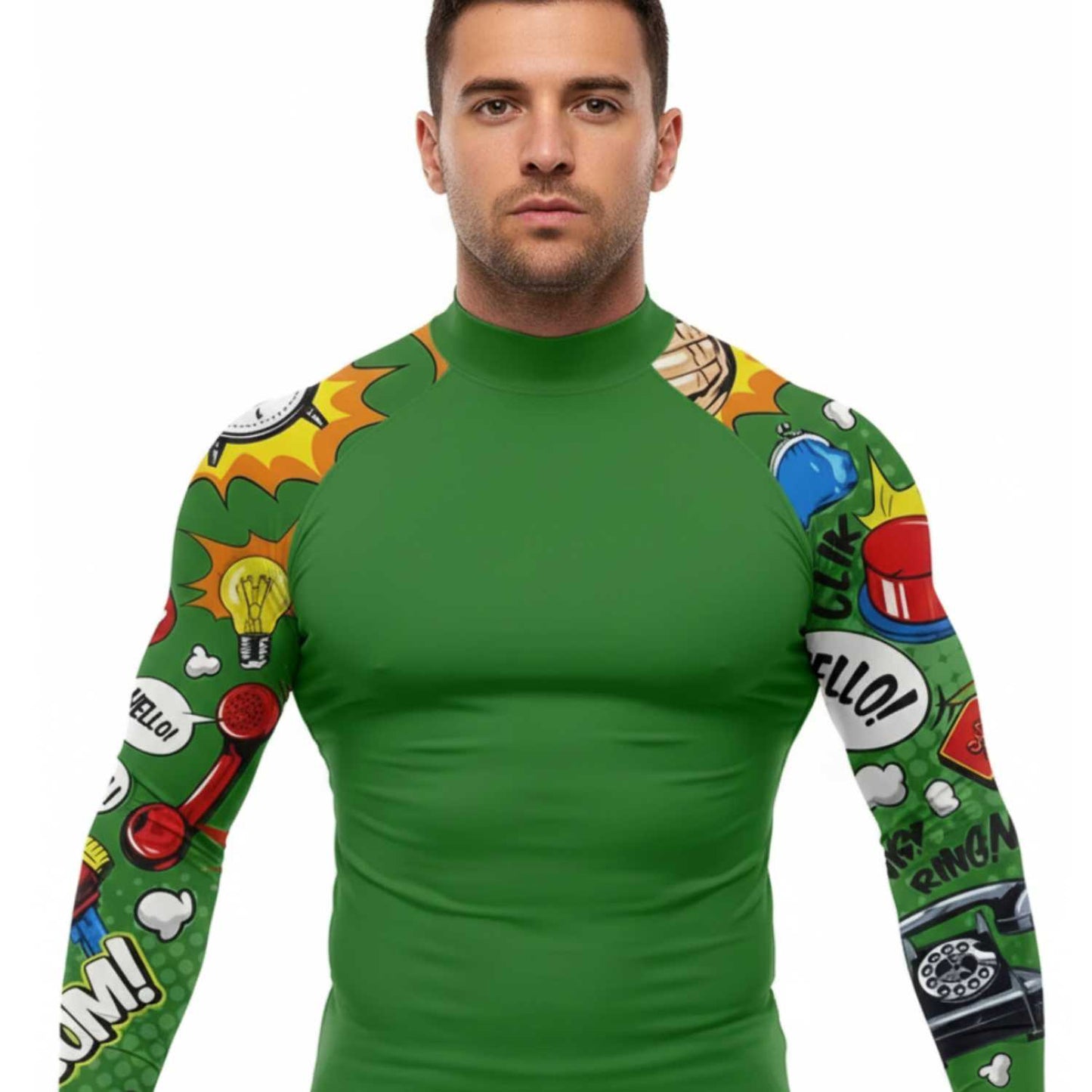 Man wearing a green rash guard with colorful graphic designs on sleeves