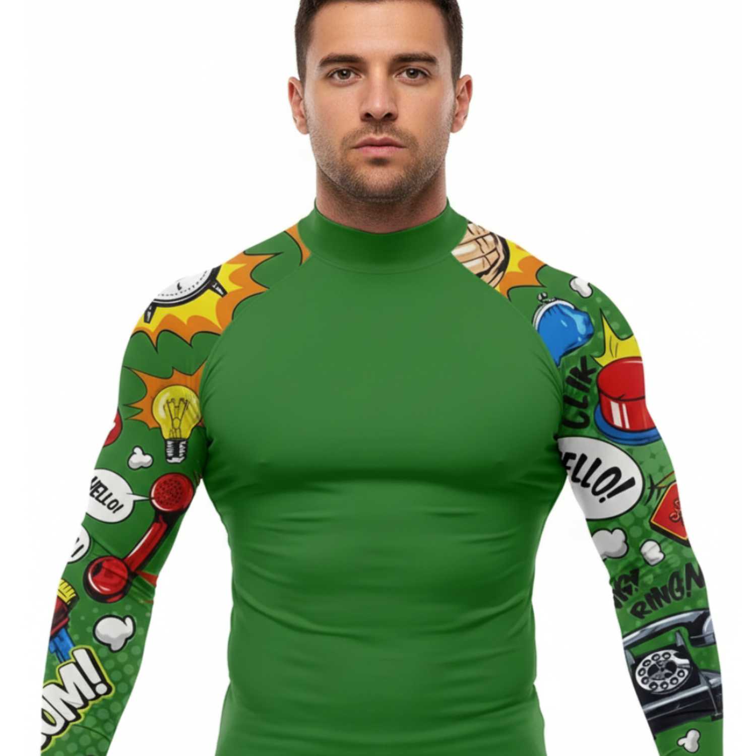 Man wearing a green rash guard with colorful graphic designs on sleeves