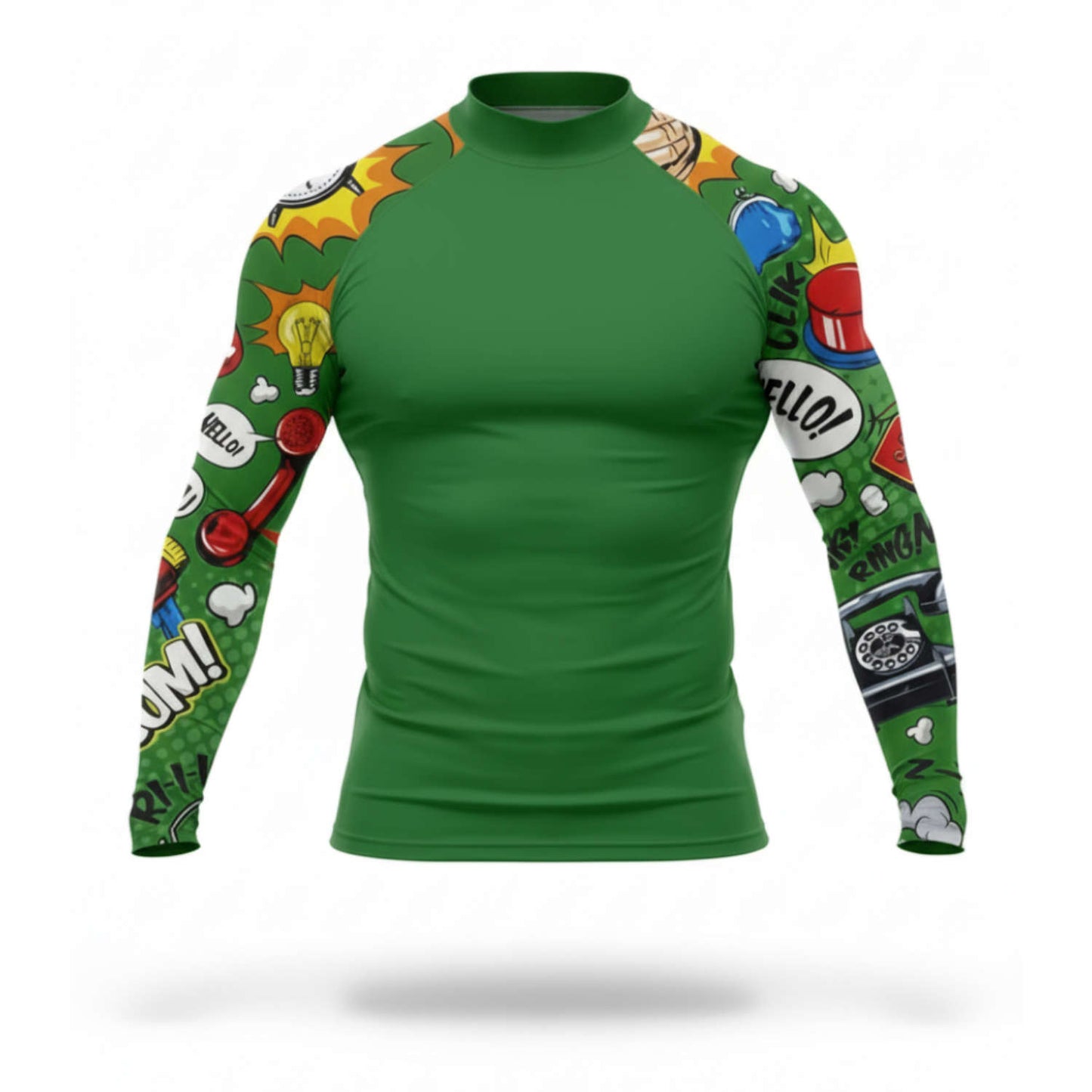 Green long-sleeve shirt with colorful graphic designs on sleeves against a white background