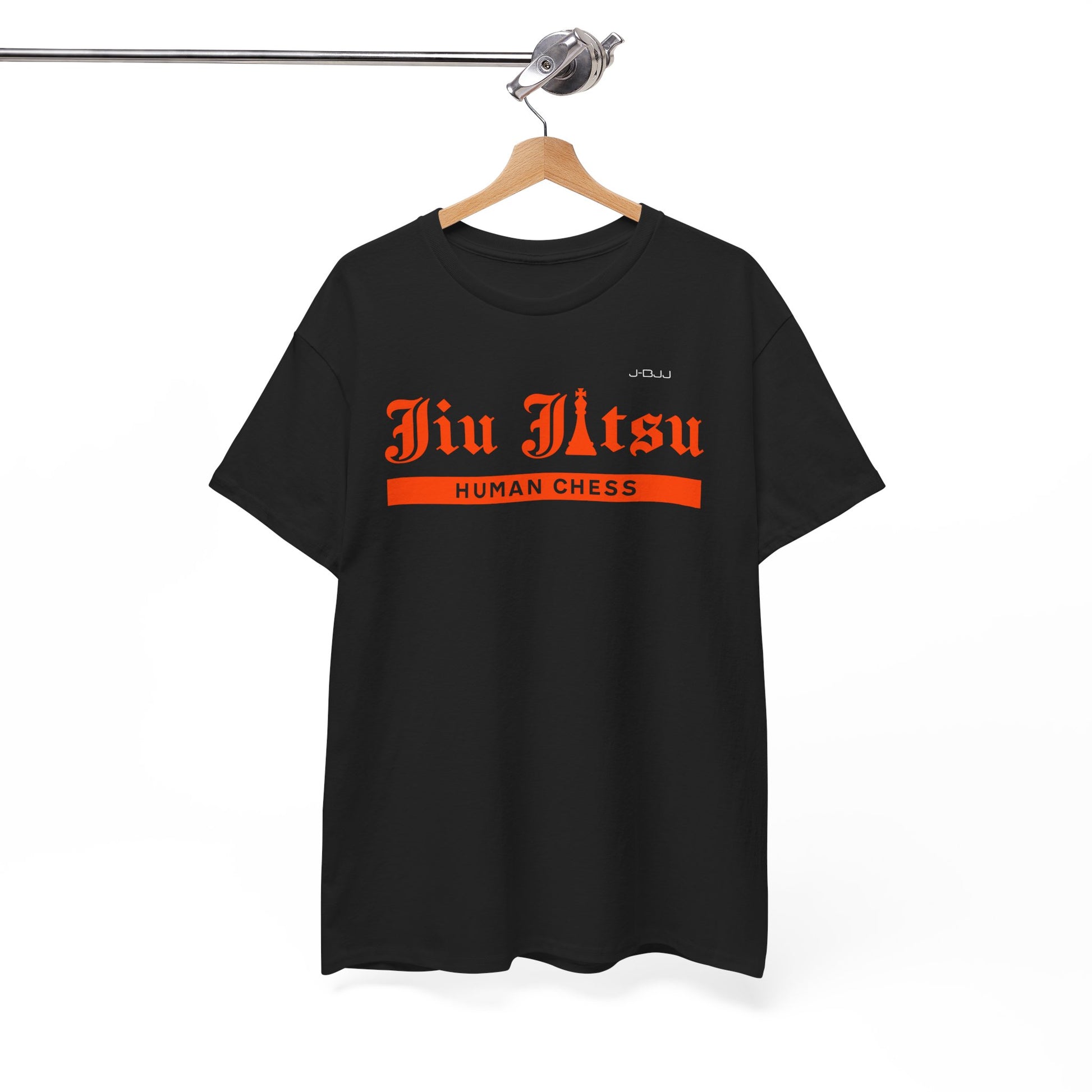 BlackJiu Jitsu t-shirt with orange text on a hanger against a white background