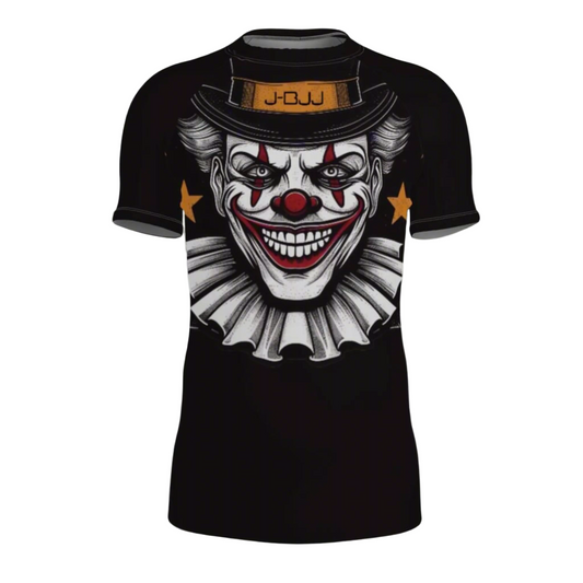 Black BJJ rash guard with a clown graphic design on a white background