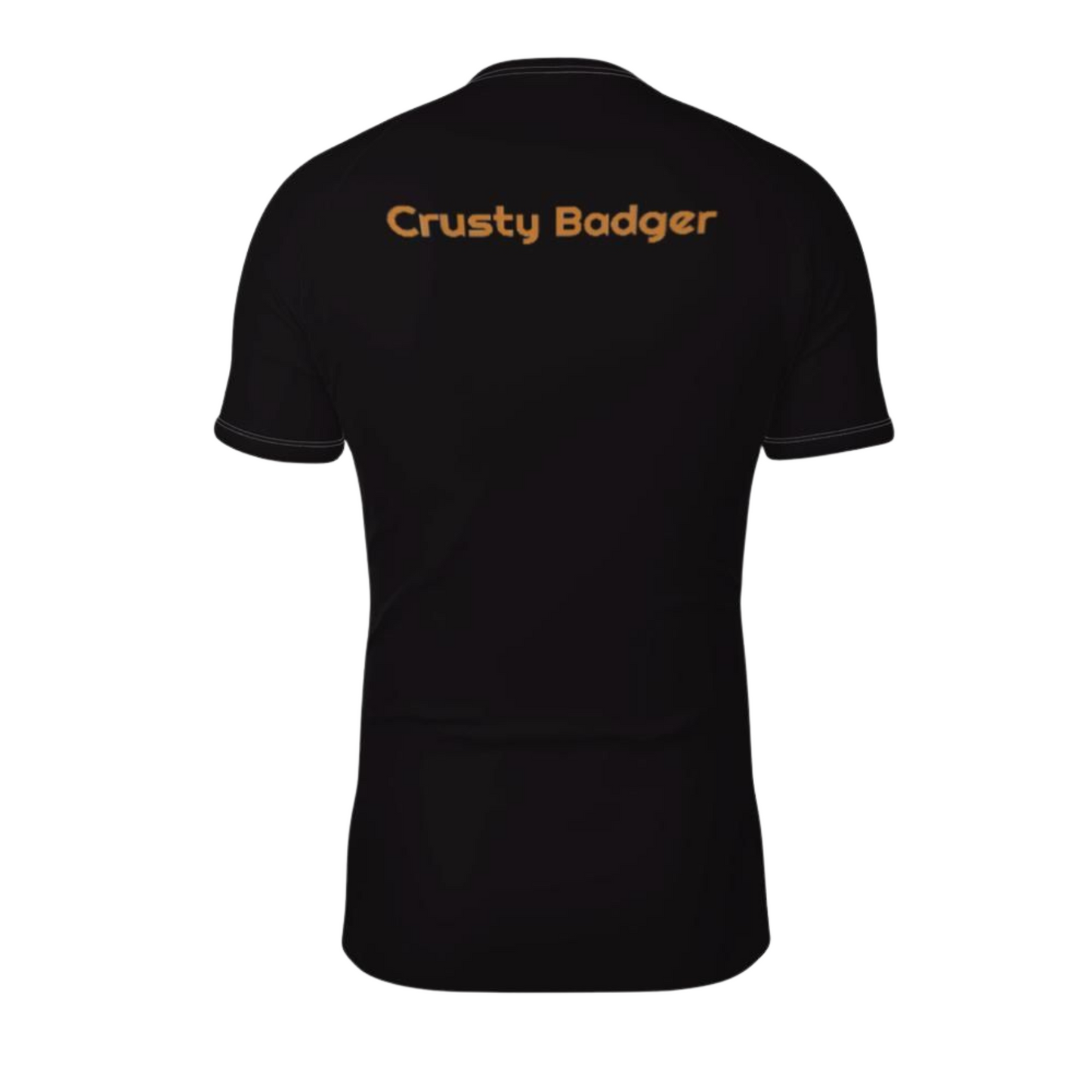 Black rash guard with 'Crusty Badger' text on a white background