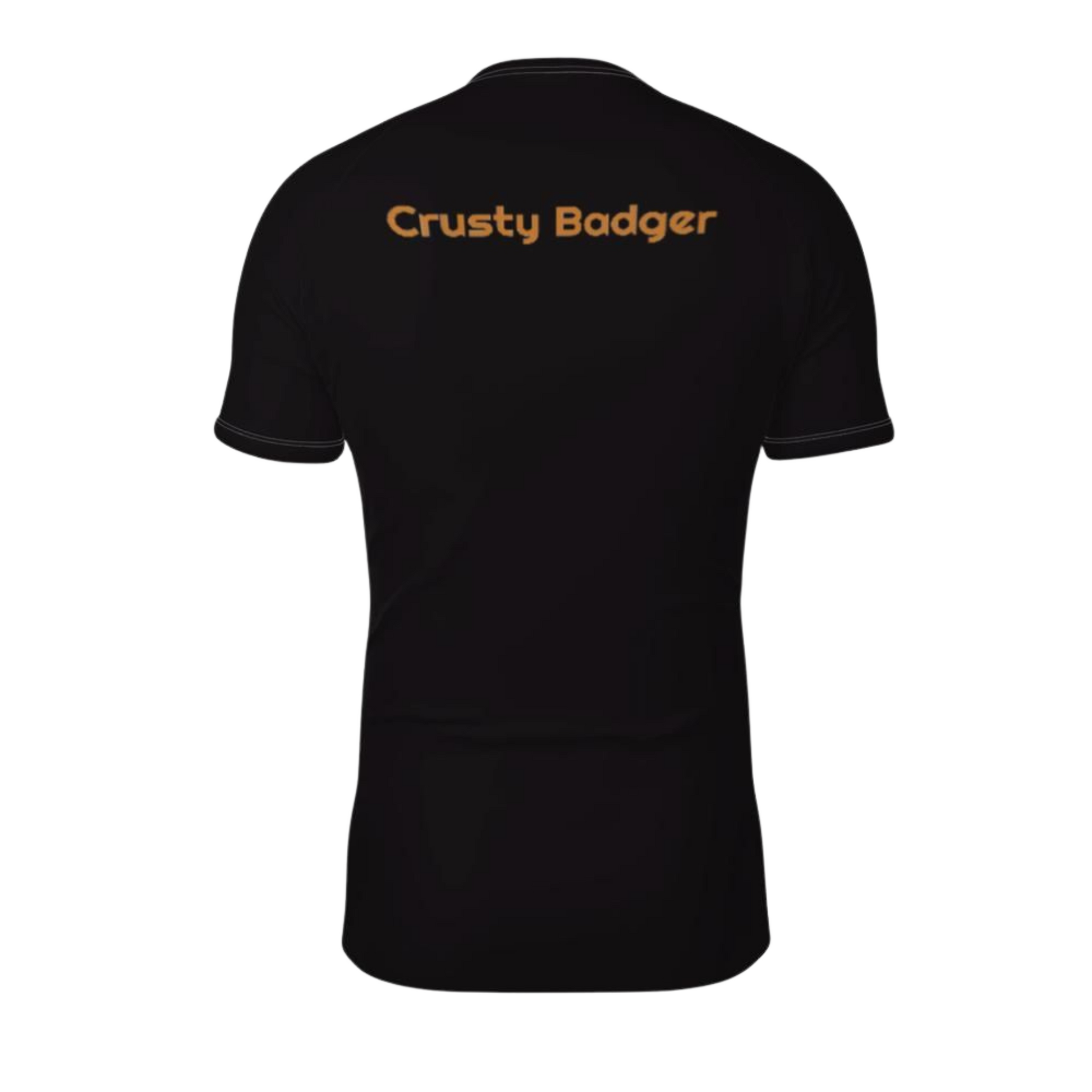 Black rash guard with 'Crusty Badger' text on a white background