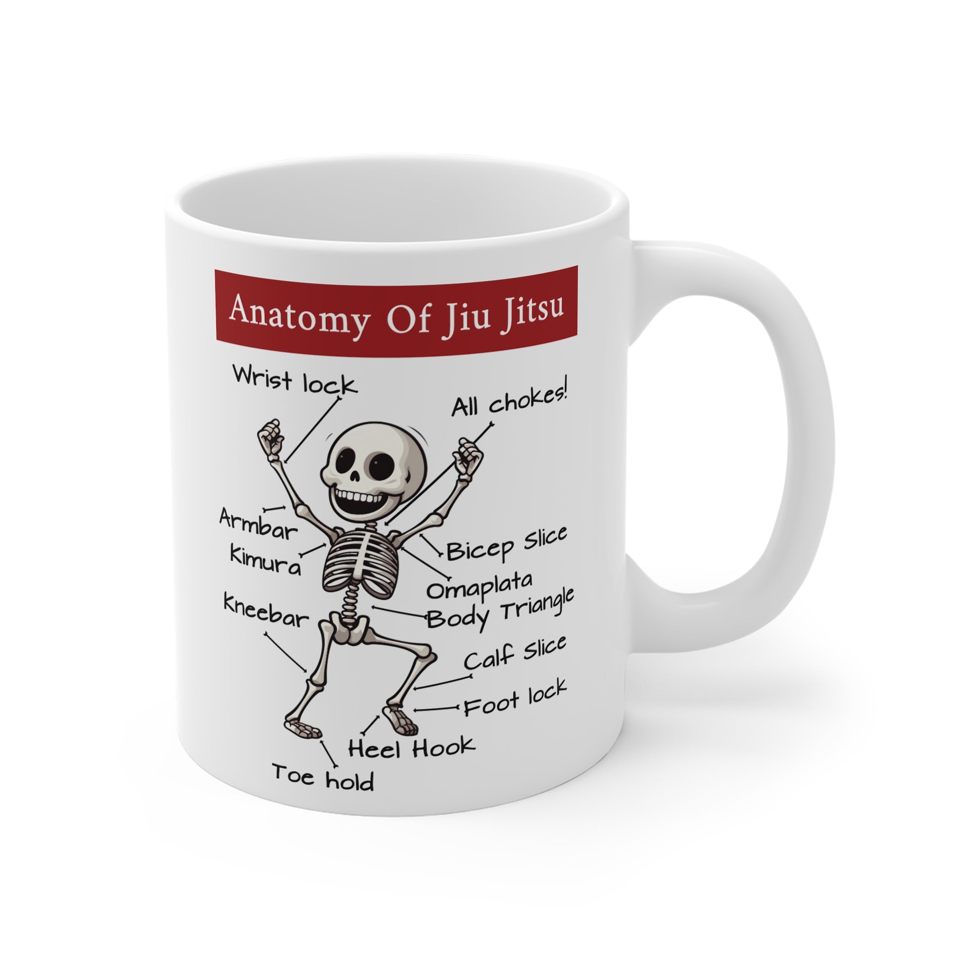 Mug with skeleton illustration and Jiu Jitsu techniques on a white background
