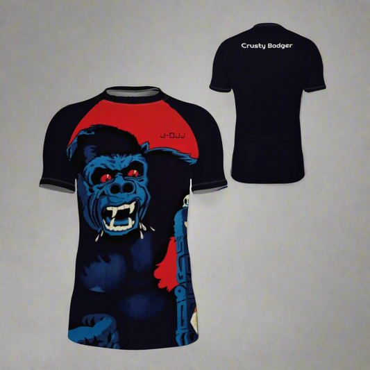 King Kong Gorilla themed personalized bjj rash guard with red and blue design on a white background
