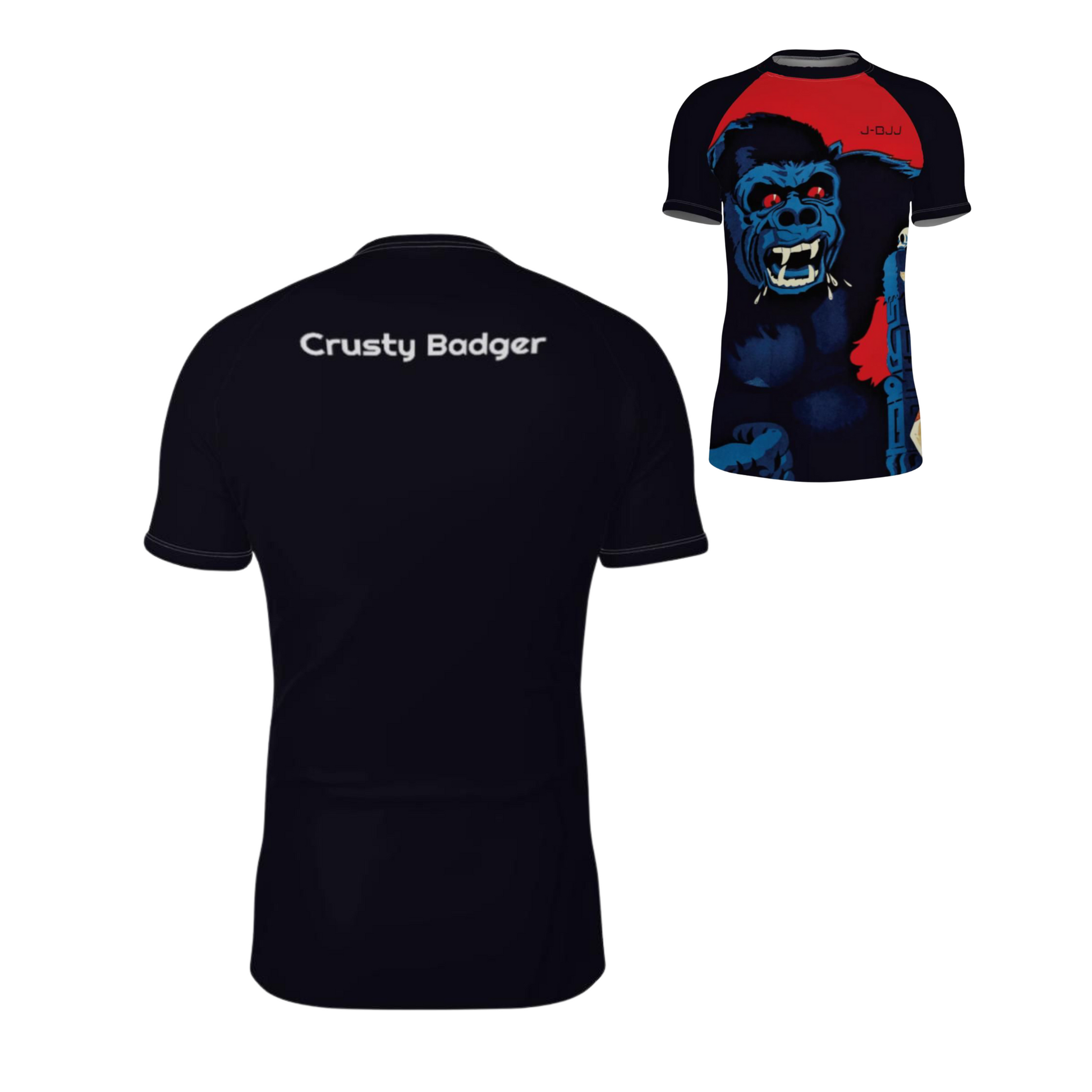 BJJ rash guard with a King Kong graphic design on the front and 'Crusty Badger' branding on the back, displayed on a white background.