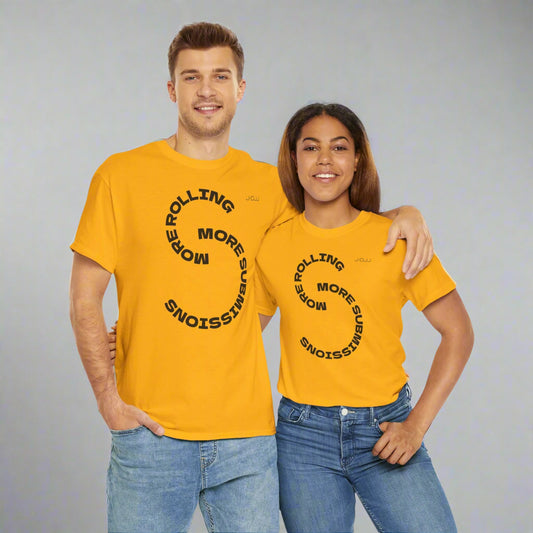 Two people wearing yellow Jiu Jitsu t-shirts with black text on a white background