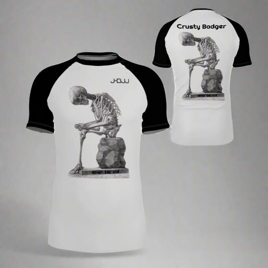 Two bjj rash guards with skeleton designs and text on a white background