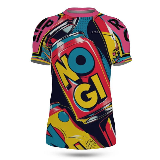 Colorful athletic bjj rash guard with a can design and 'NOGI' text on a white background