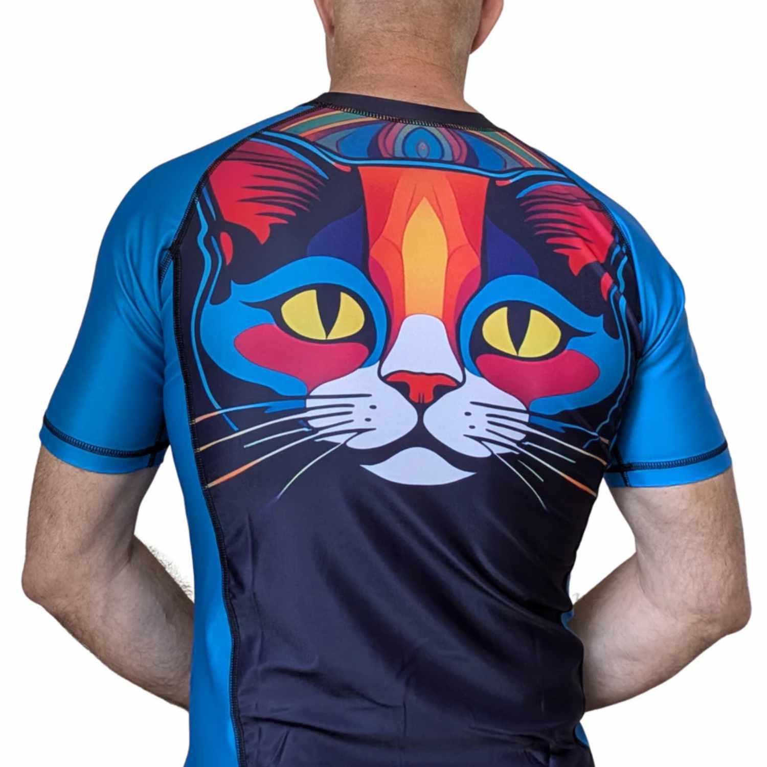 Person wearing a BJJ rash guard with a colorful cat design on the back