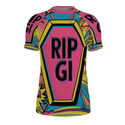 Colorful rash guard with 'RIP GI' design on a white background