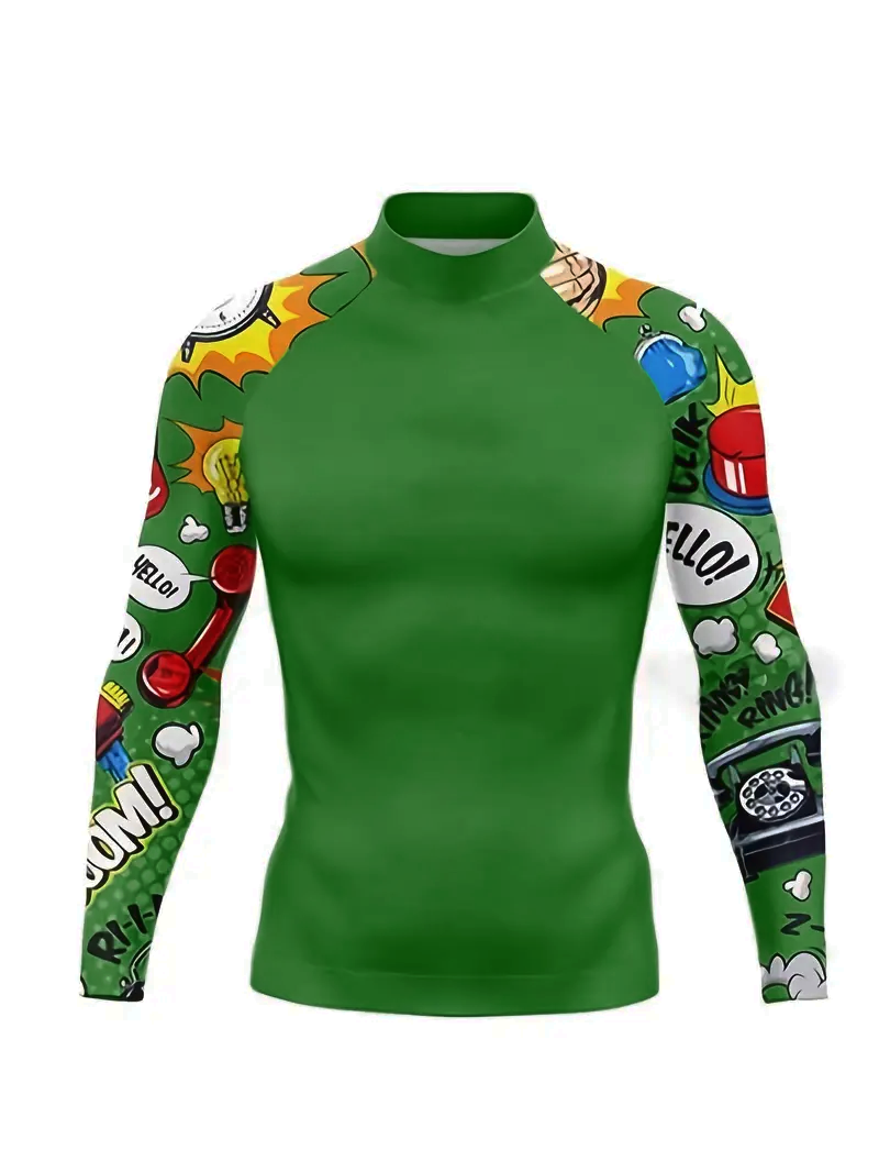 Comic Book BJJ Rash Guard Green Long Sleeve