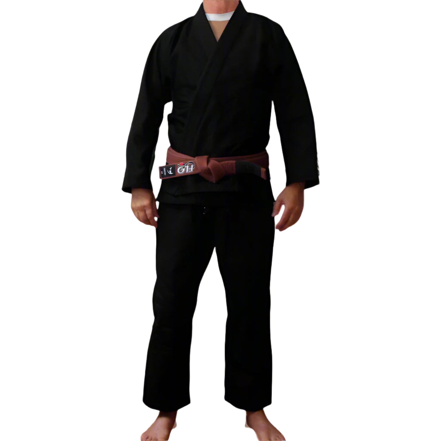 Person wearing a BJJ gi with a brown belt on a white background
