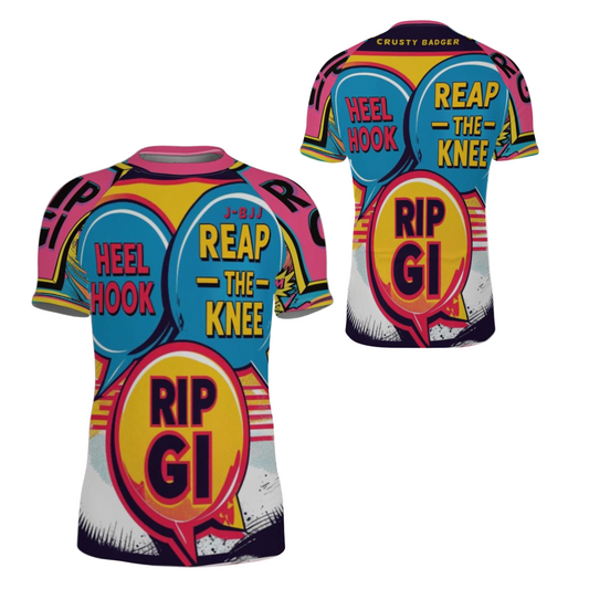Colorful rash guards with graphic designs on a light gray background