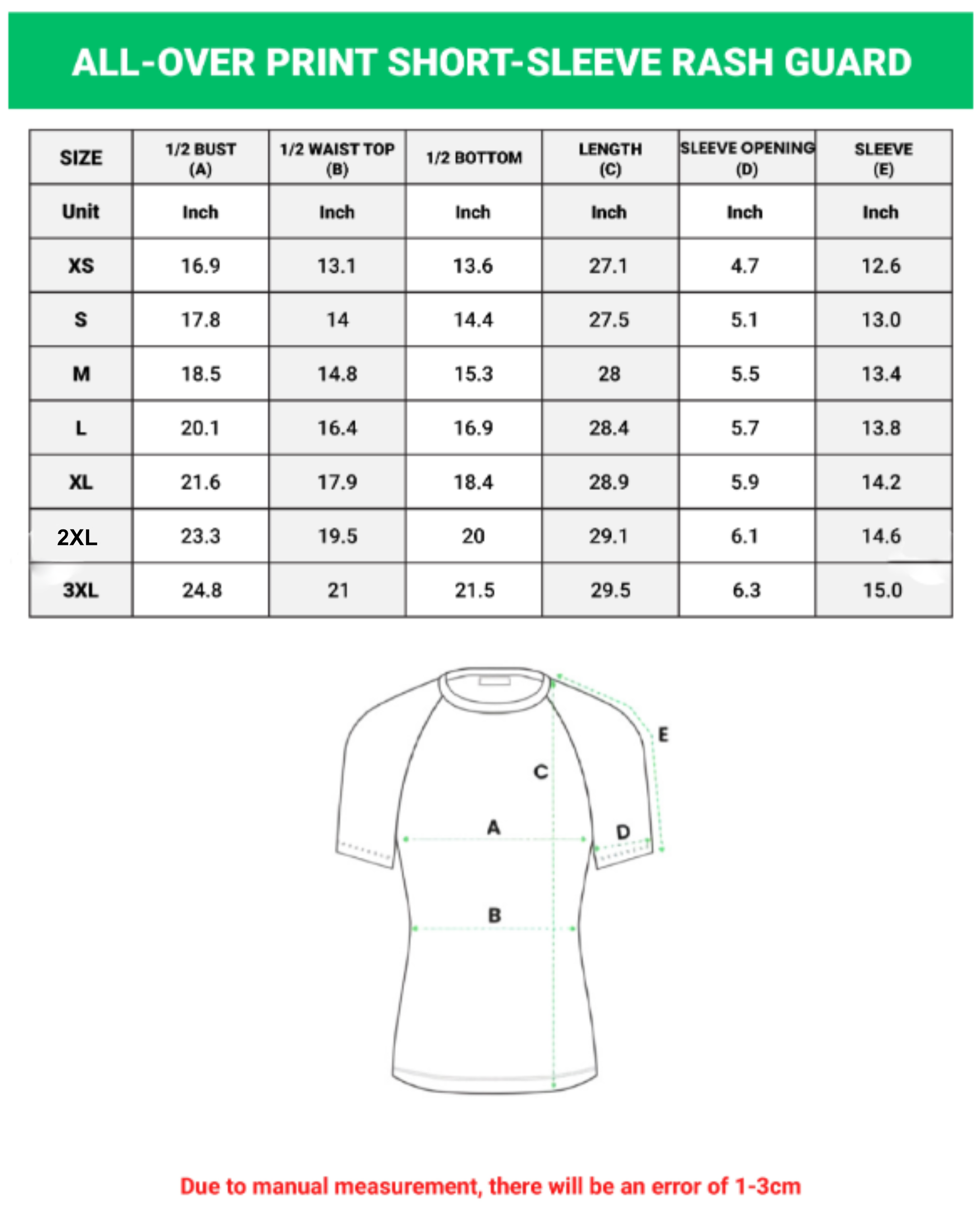 Size chart for an all-over print short-sleeve rash guard with a diagram of the garment.