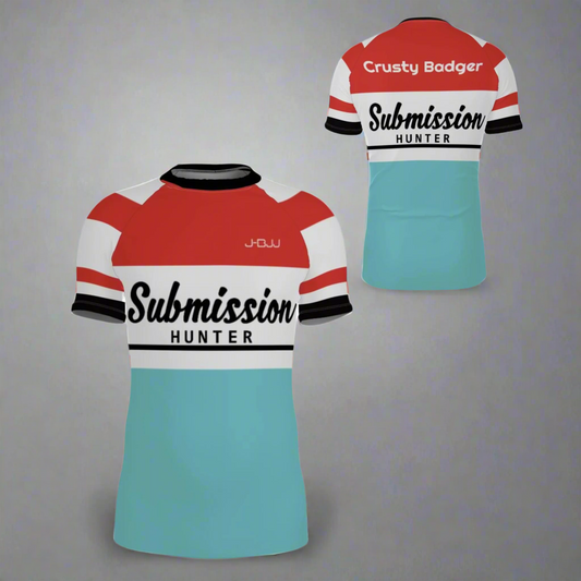 Two bjj rash guards with 'Submission Hunter' branding on a white background