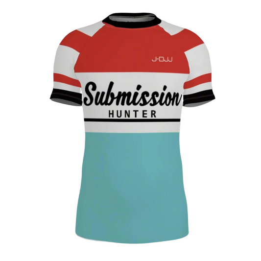BJJ rash guard with 'Submission Hunter' text on a white background
