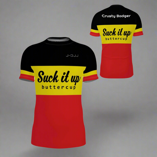 Two jiu jitsu rash guards with text and branding on a white background