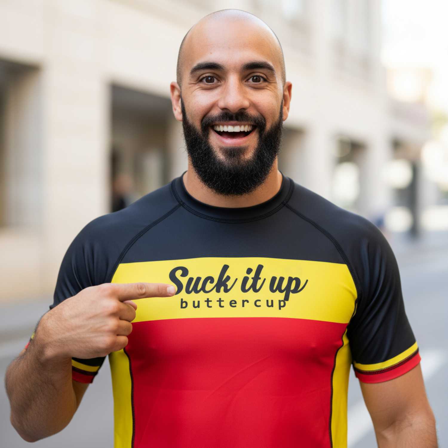 Man wearing a colorful BJJ rash guard with text, pointing to the text.