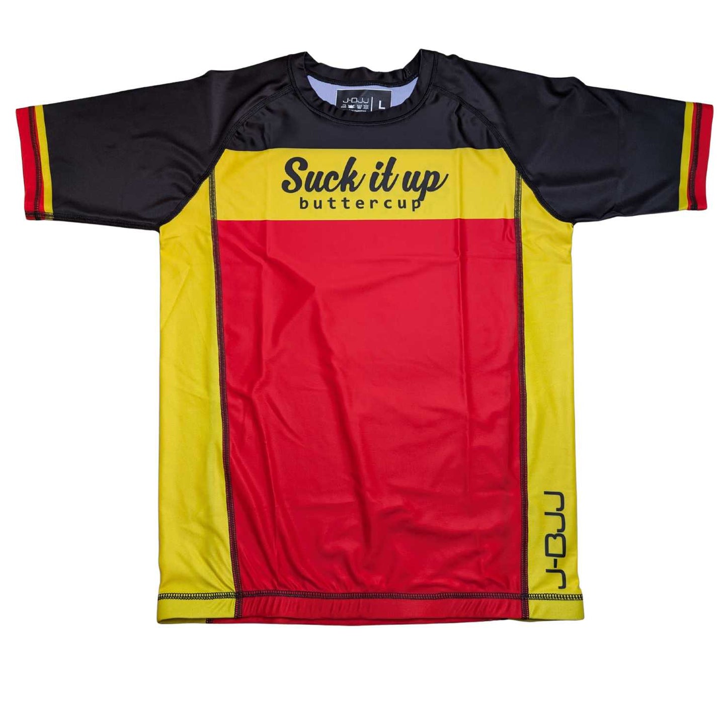 Colorful BJJ rash guard with text on a white background